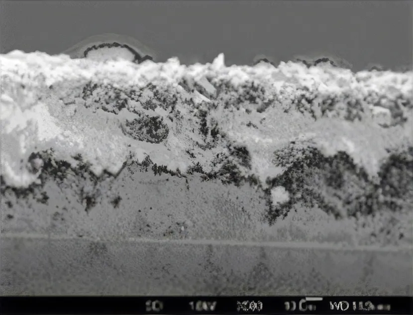 研磨フィルム断面のSEM（走査型電子顕微鏡）拡大画像（基材フィルム上の砥粒層構造）